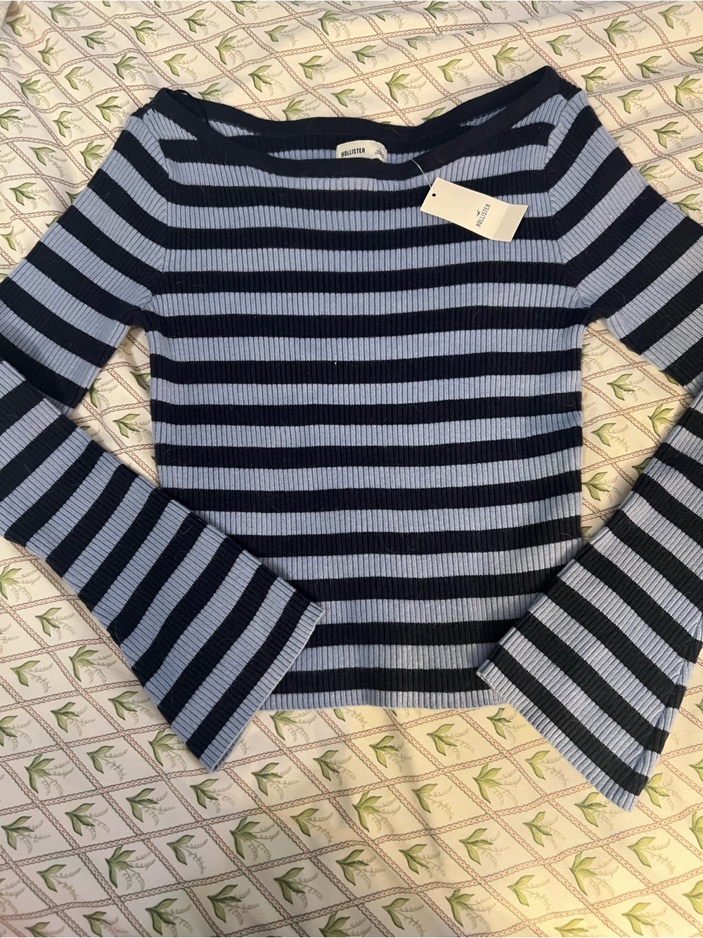 Hollister Navy and Light Blue Striped Off Sweater with Bell Sleeves